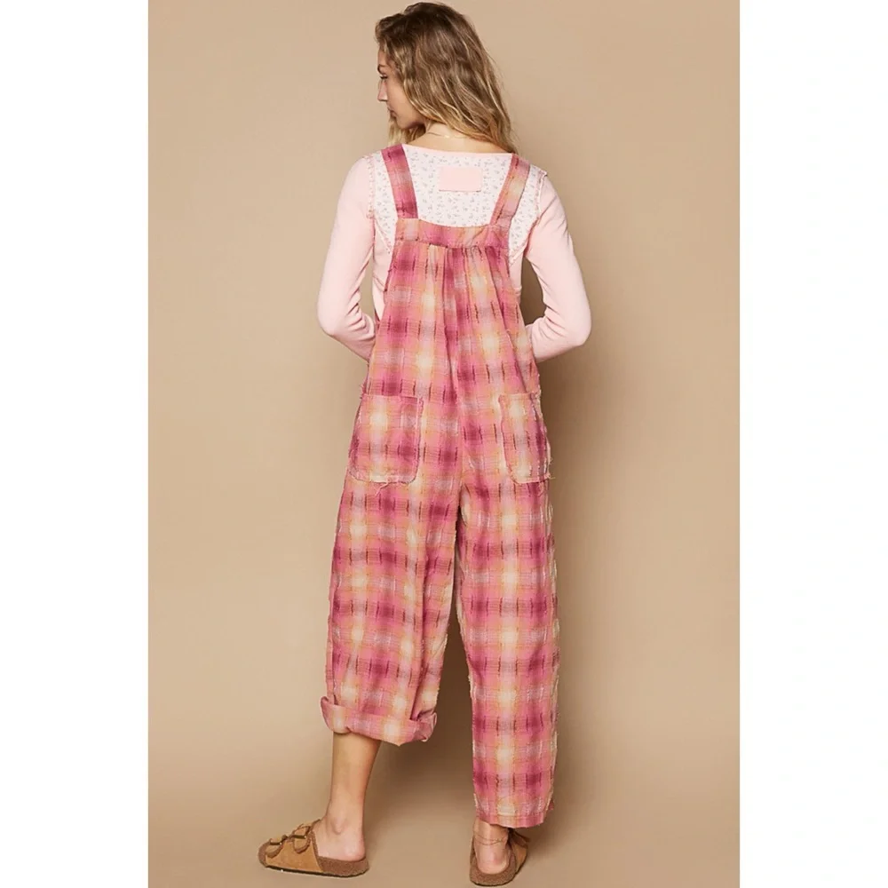 POL Red Pink Washed Cotton Plaid Overalls - Picture 6 of 7